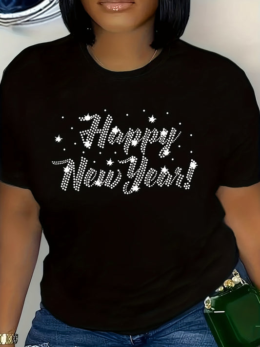 Rhinestone "Happy New Year" Short Sleeve, All Seasons Fashion Top